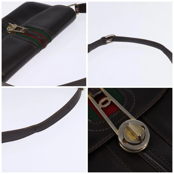 GUCCI Web Sherry Line Shoulder Bag Leather Dark Brown Gold Red Auth ep11429 - Picture 16 of 16